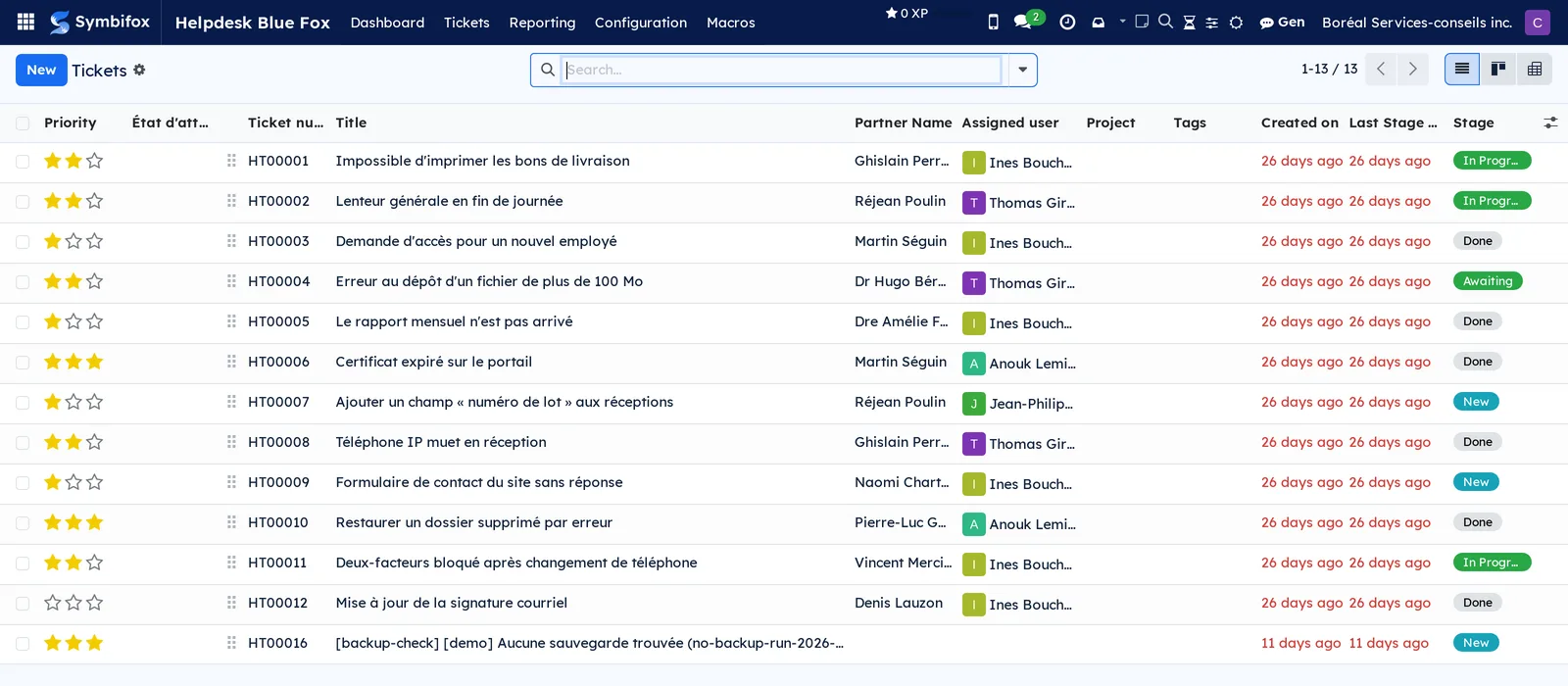 Boréal's helpdesk ticket list, with the Priority, Ticket number, Title, Assigned user and Stage columns, and the 1-13 / 13 counter