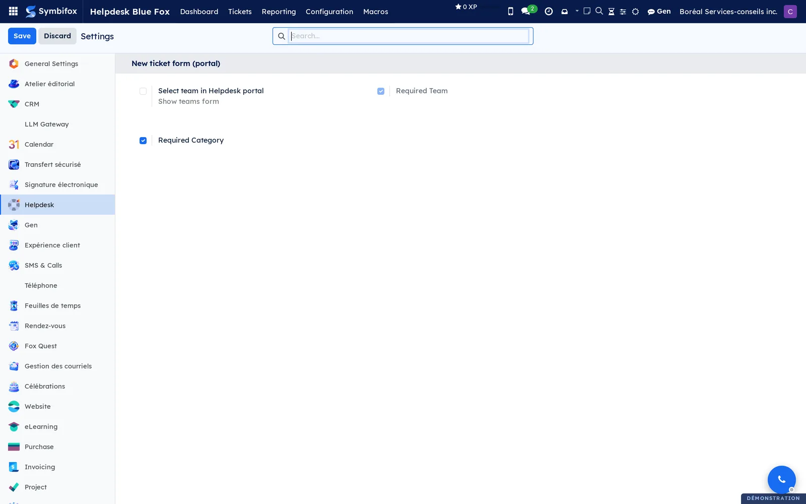 Helpdesk settings page for Boréal, New ticket form (portal) section, with Required Category checked