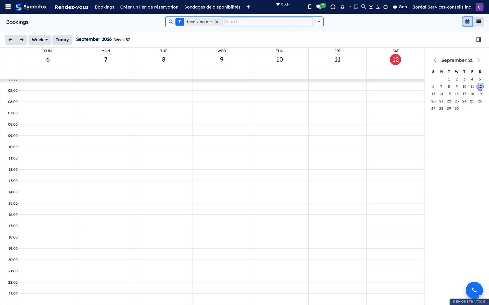 Weekly calendar of Boréal bookings, filtered on Involving me, with the list view switcher at the top right