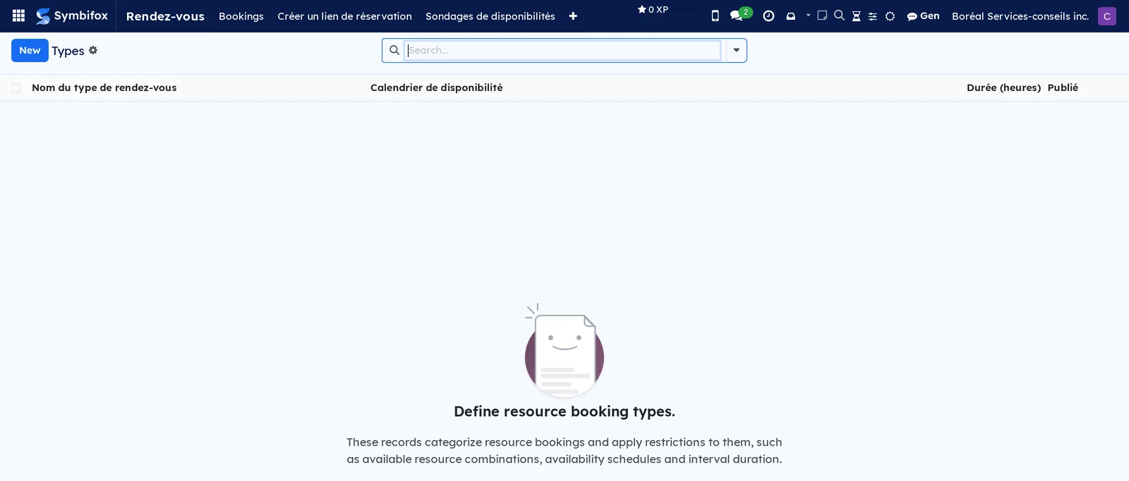 Appointment types screen, empty on the demo, with the Nom du type de rendez-vous, Calendrier de disponibilité, Durée (heures) and Publié columns