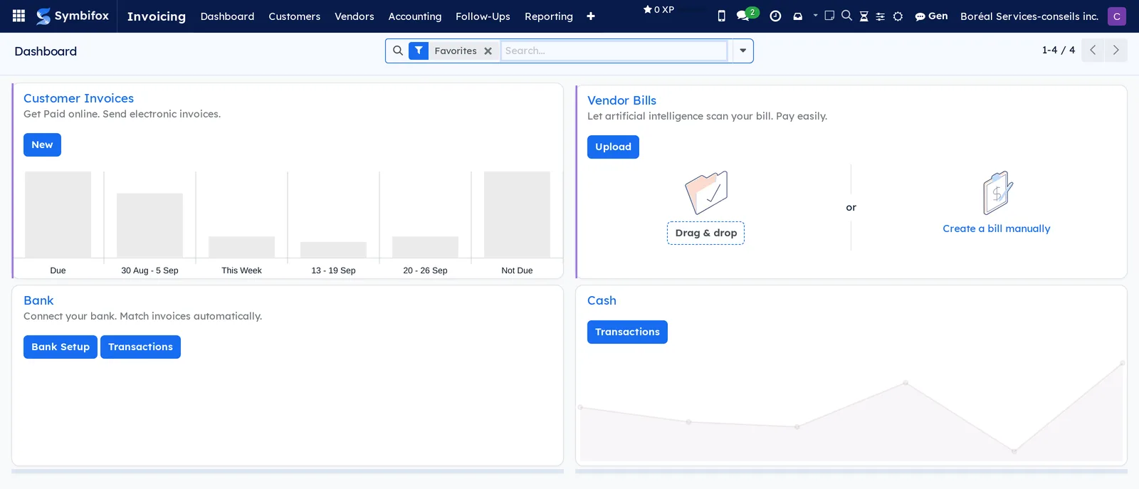 Invoicing dashboard on the Boréal demo, with the Customer Invoices, Vendor Bills, Bank and Cash cards