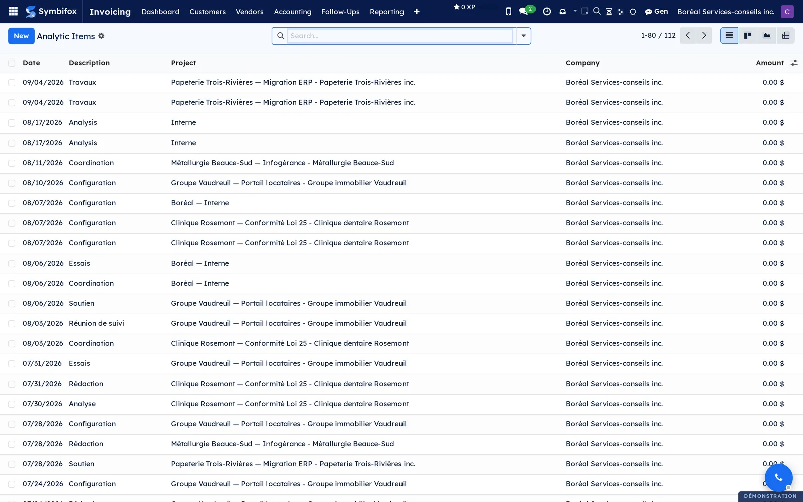 Analytic items on the Boréal demo, with the date, description, project and amount of each line