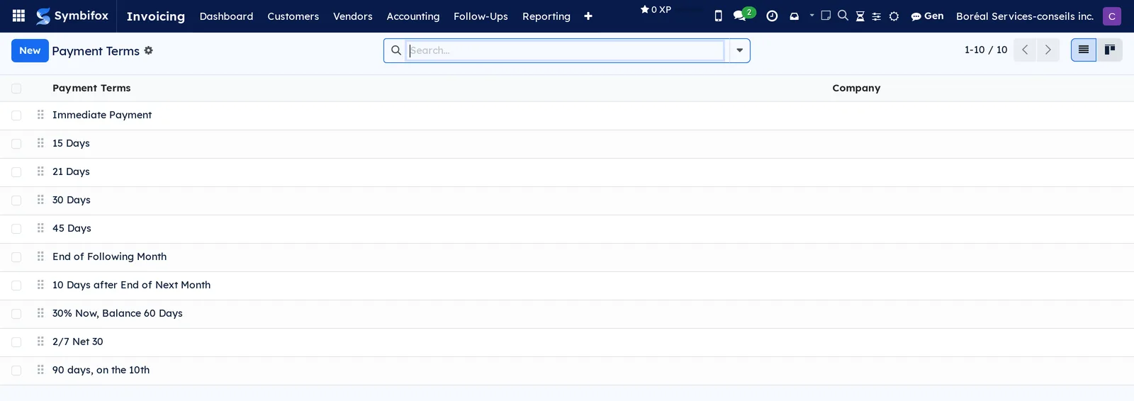 List of the ten payment terms on the Boréal demo, from immediate payment to 90 days