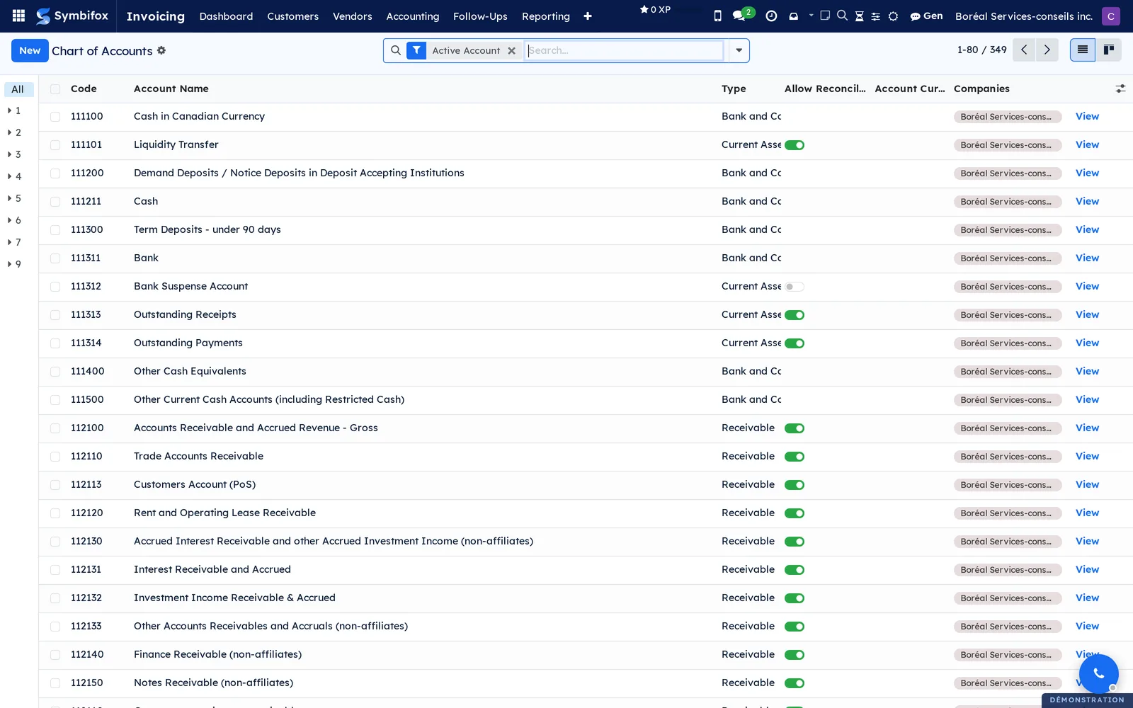 Chart of accounts on the Boréal demo, with the code, account name, type and company, filtered on active accounts