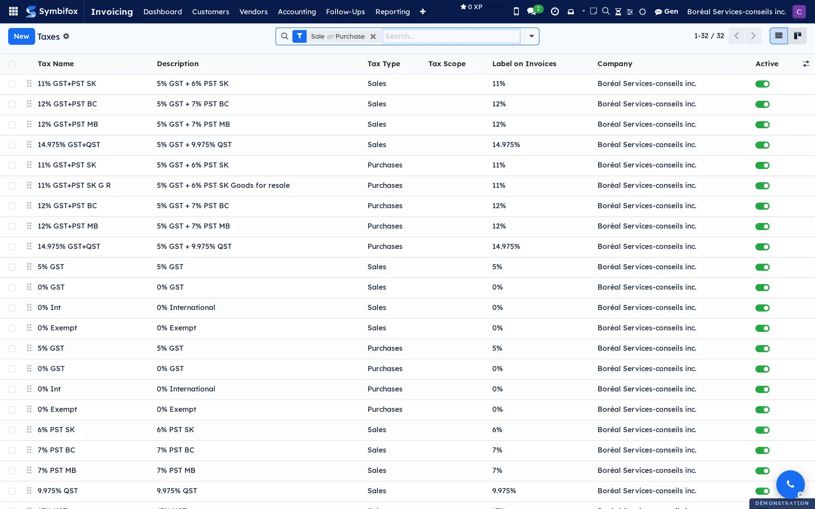 List of taxes on the Boréal demo, including the 14.975% TPS+TVQ group tax, for sales and purchases
