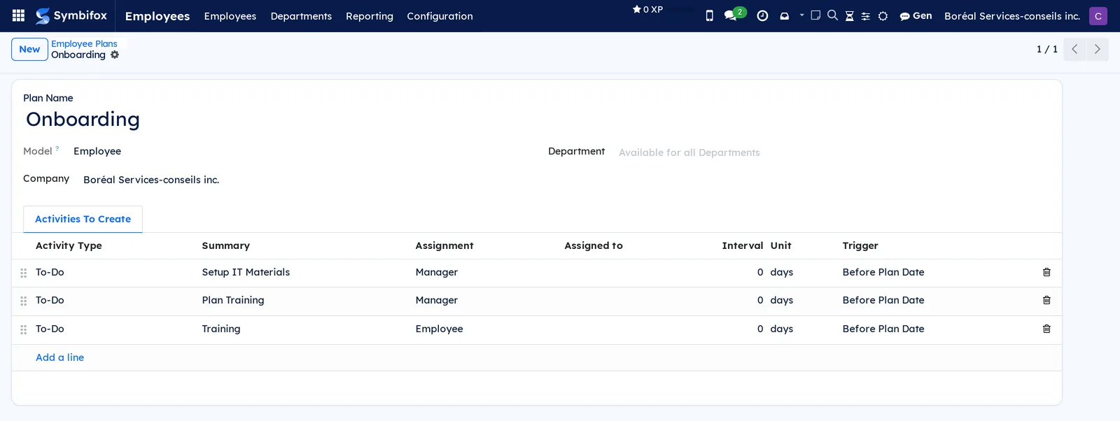 Onboarding plan: model Employee, company, Activities To Create tab with type, summary, assignment, interval and trigger