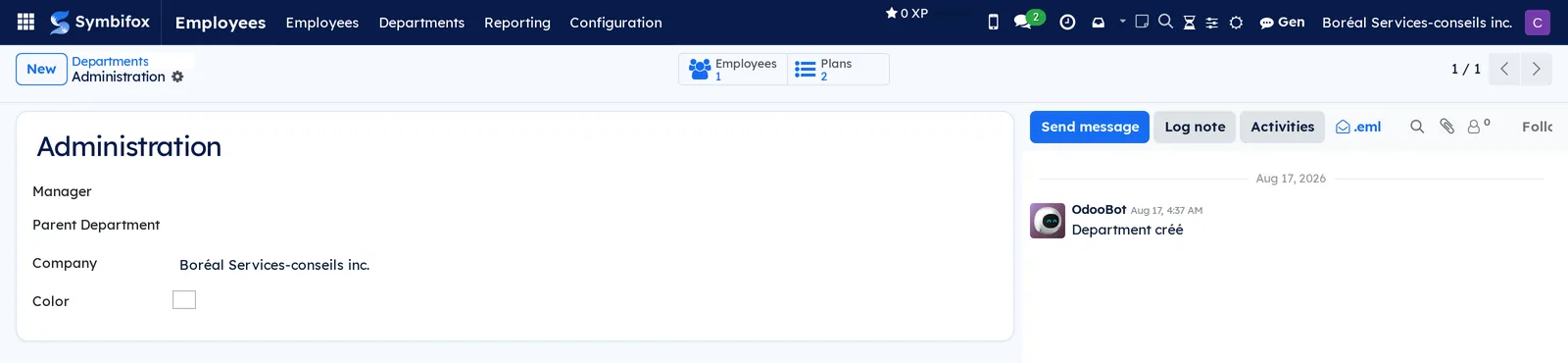 Administration department: manager, parent department, company, code, and the Employees and Plans buttons