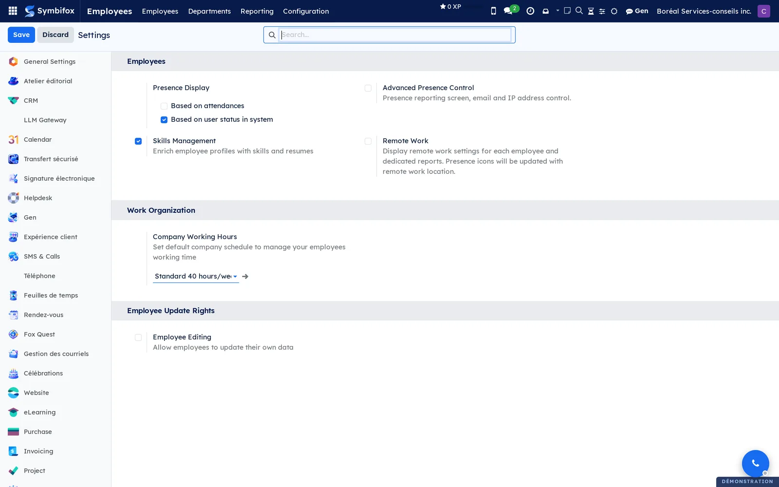 Employees settings: presence display, advanced presence control, skills management, remote work, company working hours, employee editing