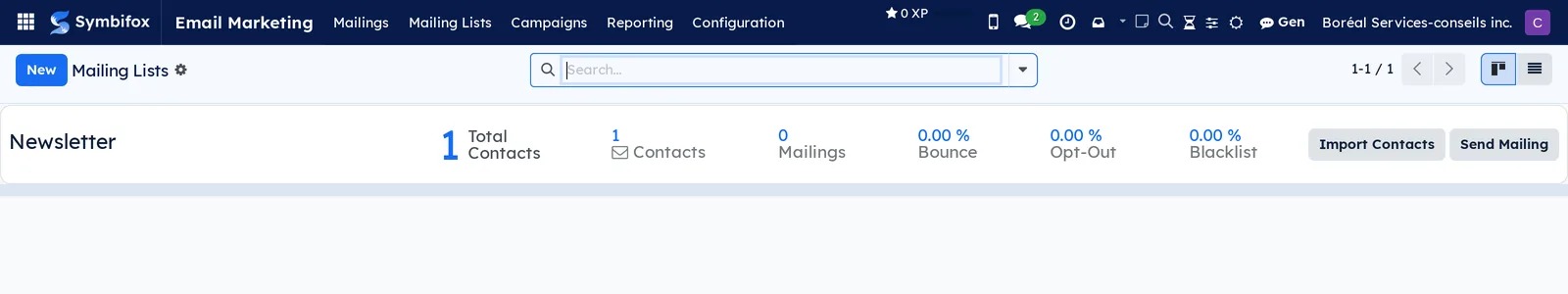 Kanban card of the Newsletter list: total contacts, bounce, opt-out, blacklist, and the Import Contacts and Send Mailing buttons