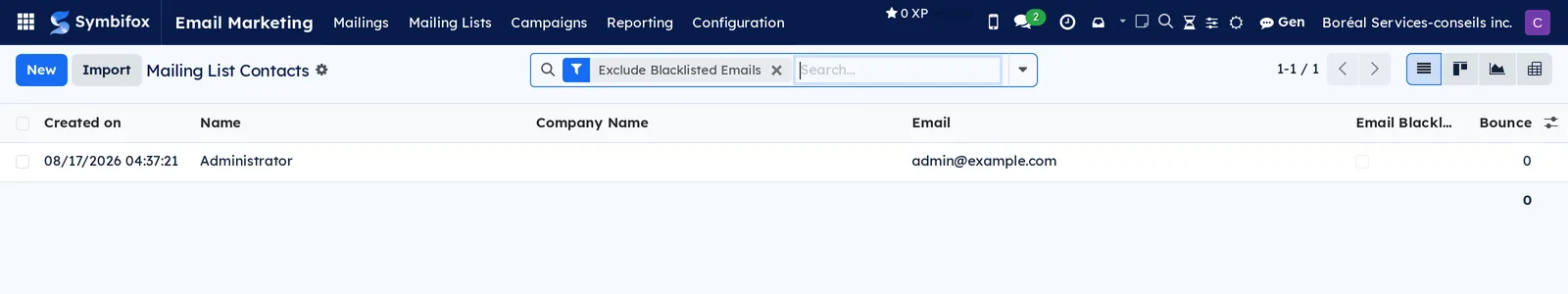 List of mailing contacts with the Exclude Blacklisted Emails filter, and the name, company, address and bounce columns