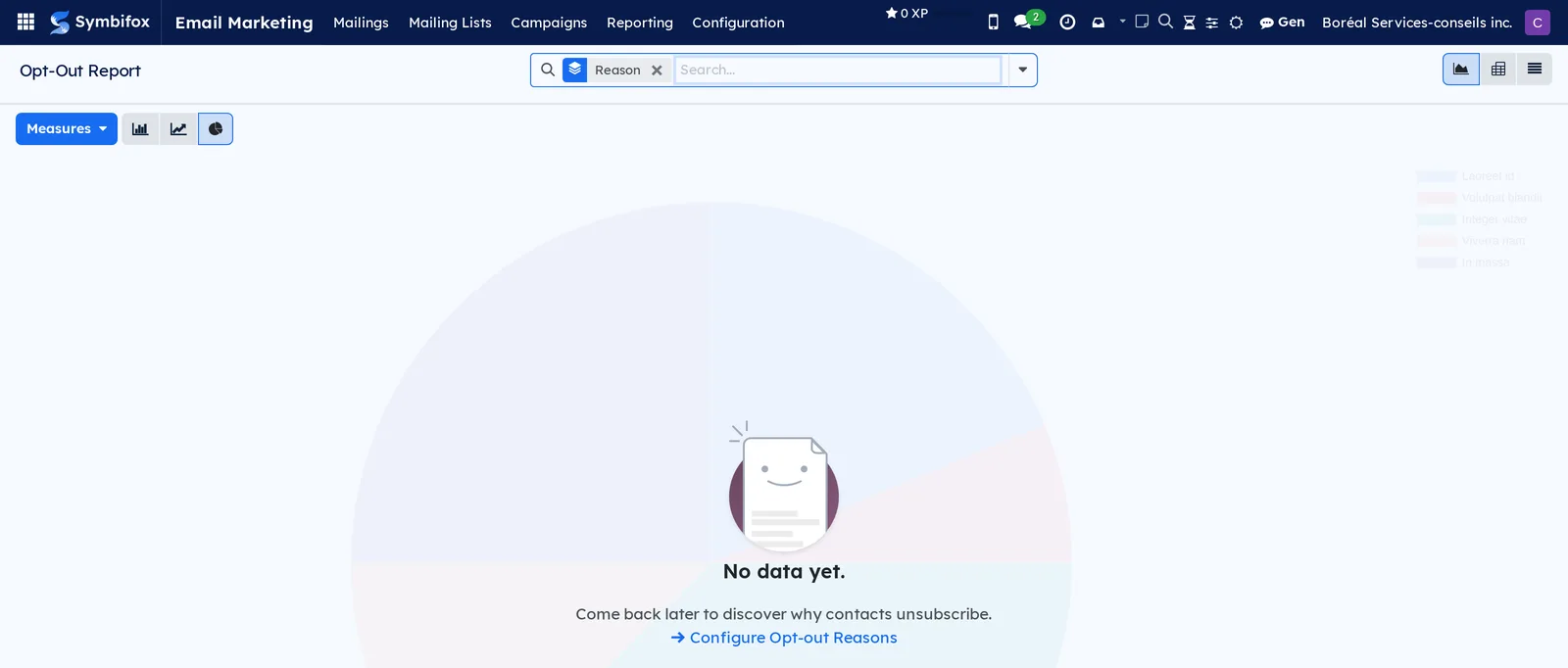 Opt-out report as a pie chart, grouped by reason, empty on the demo, with a link to the reason settings