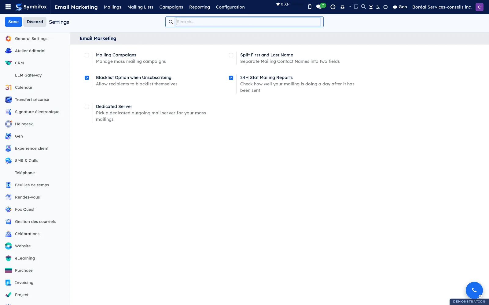 Settings screen, Email Marketing section: campaigns, name splitting, blacklist on unsubscribe, 24-hour statistics and dedicated server