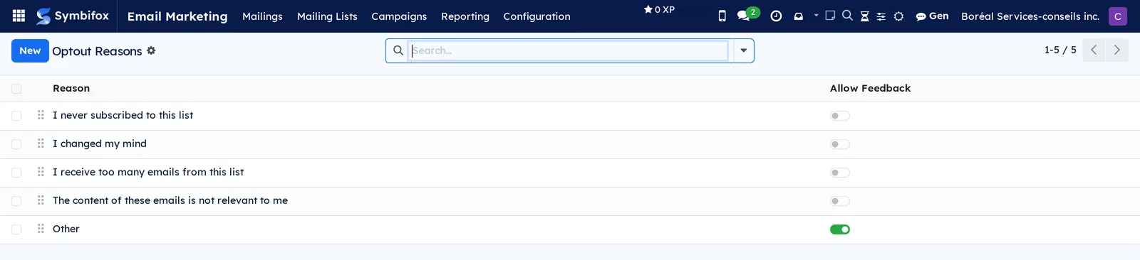 List of the five opt-out reasons, with the Allow Feedback column turned on for the Other reason only