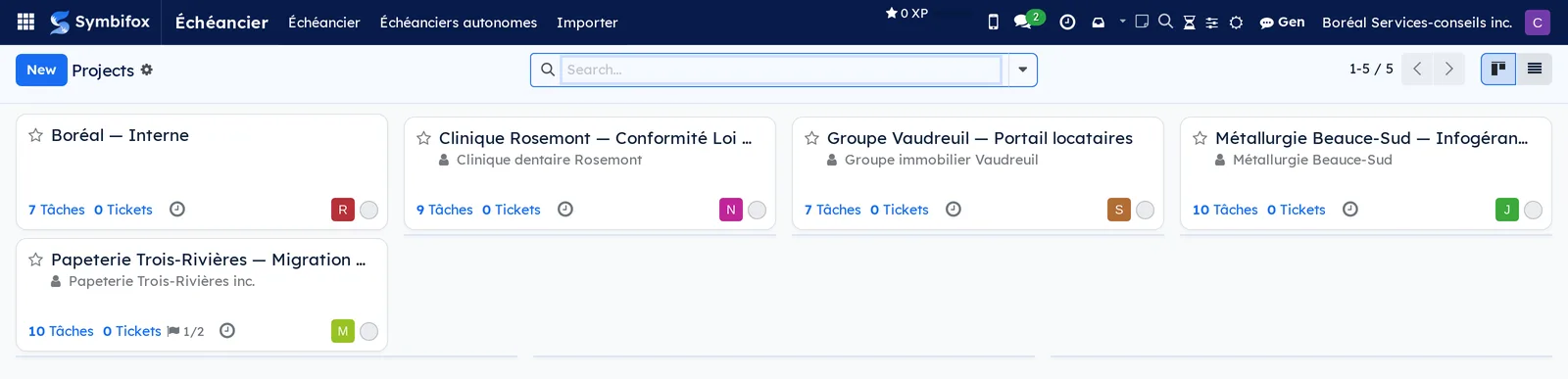 Kanban board of Boréal's projects, one card per project with its customer and task count, grouped by project stage