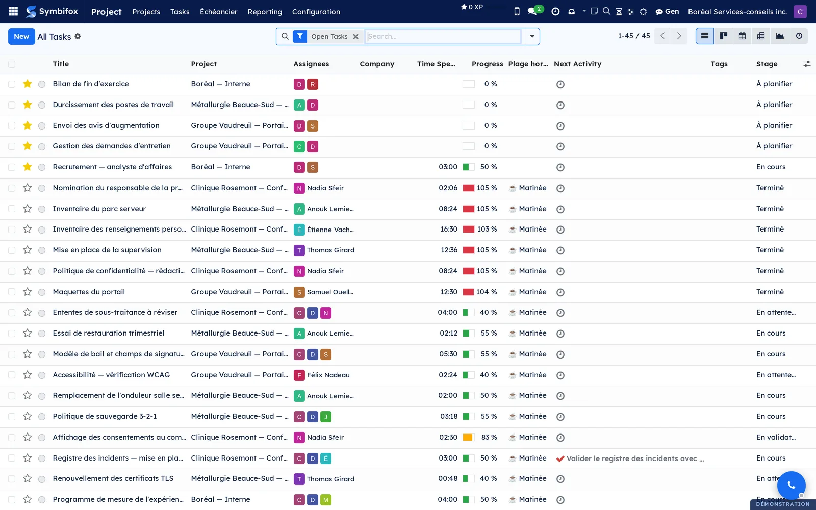 List of all of Boréal's open tasks with the project, assignees, deadline, stage and state columns