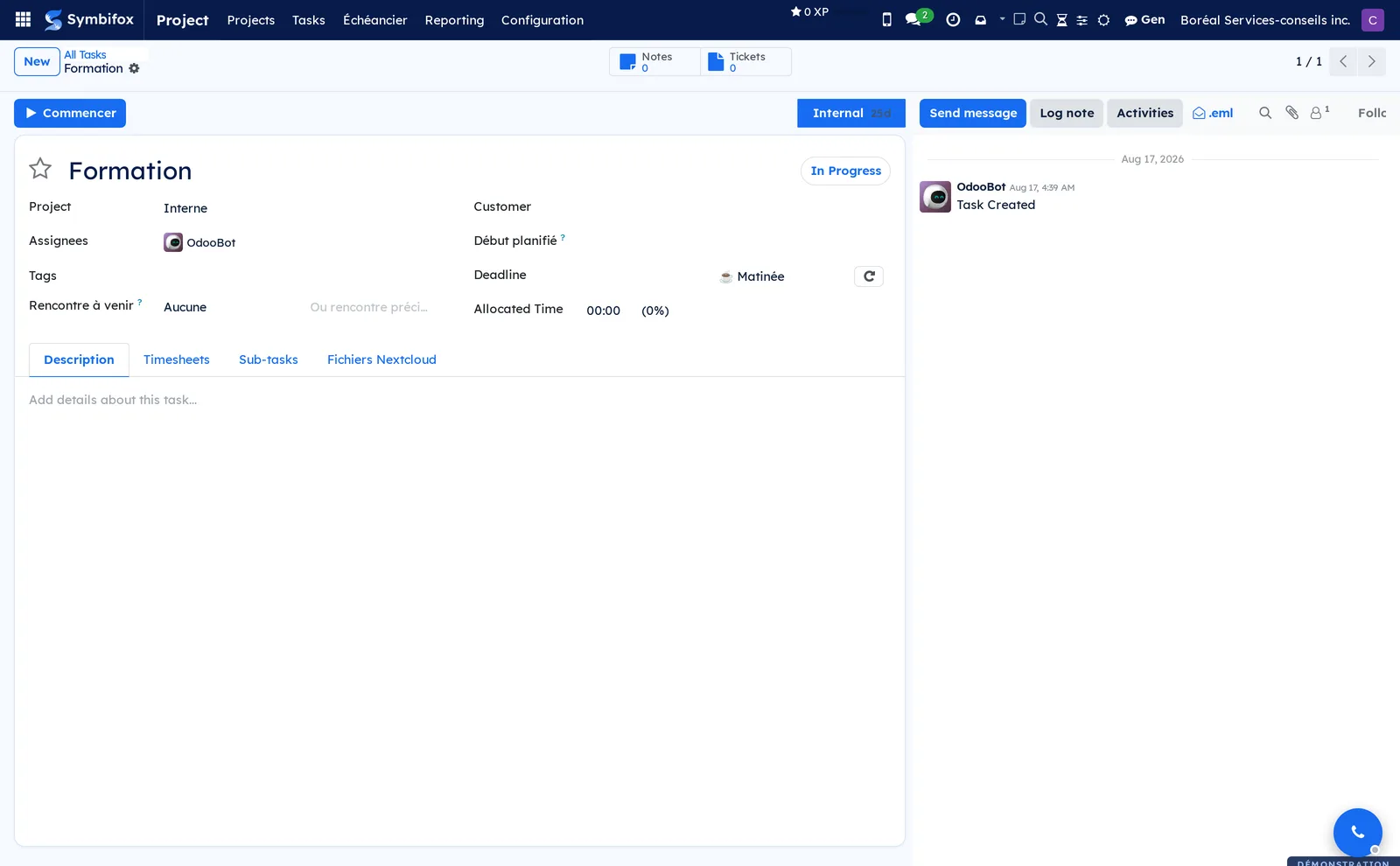 Boréal task form with project, assignees, deadline, time slot and the Description, Timesheets and Sub-tasks tabs