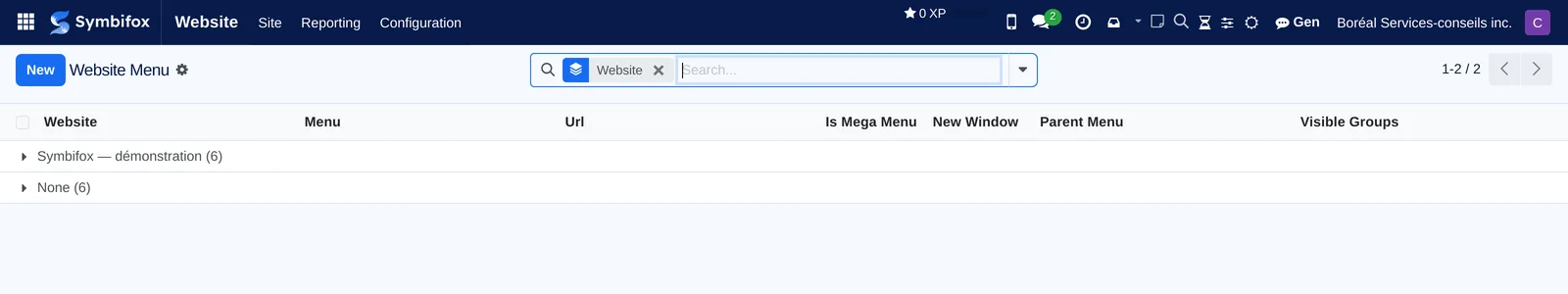List of menu entries grouped by website: six for the demo site and six with no website assigned
