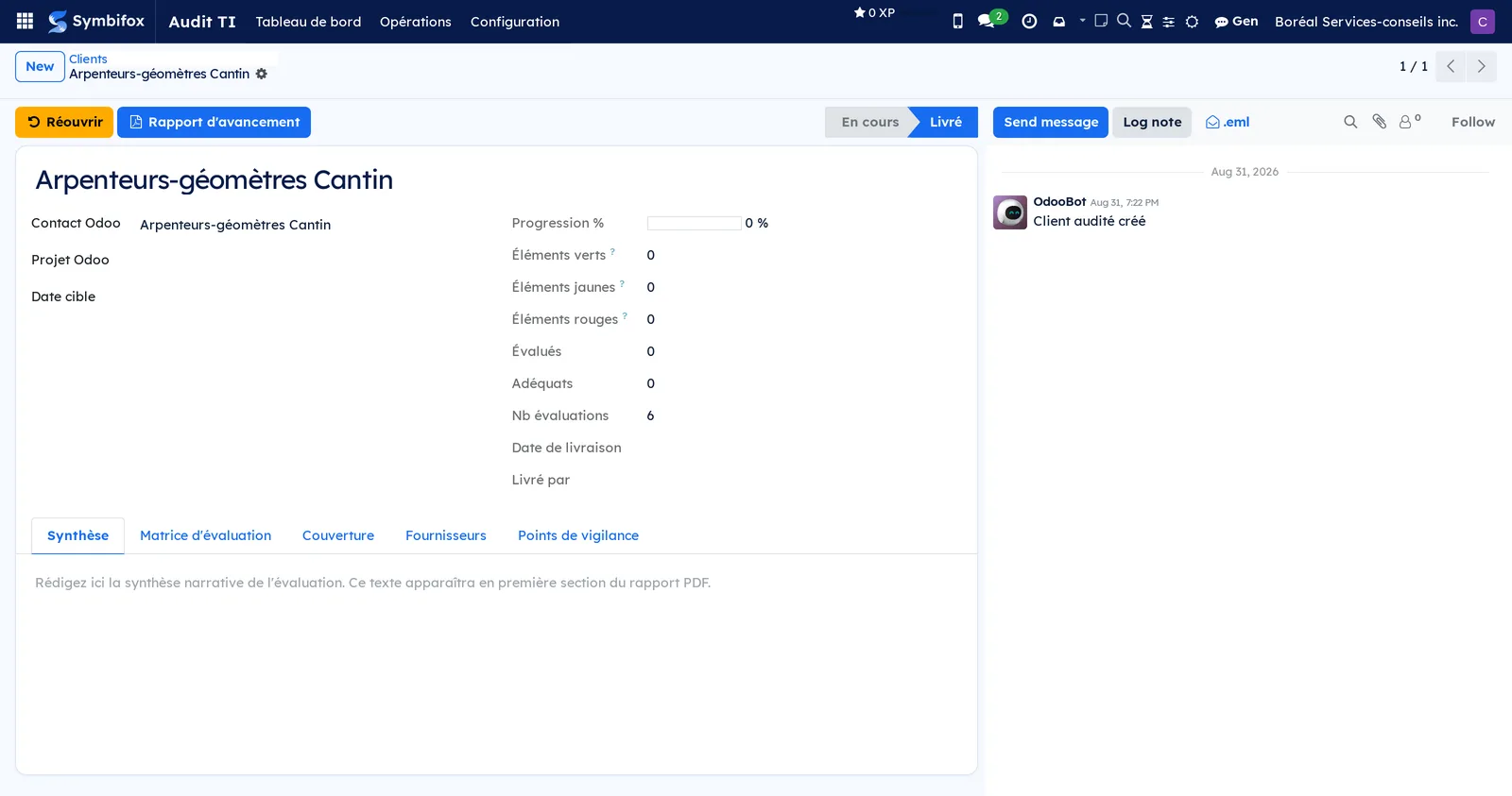 Form of a delivered audited client, with its counters and its five tabs