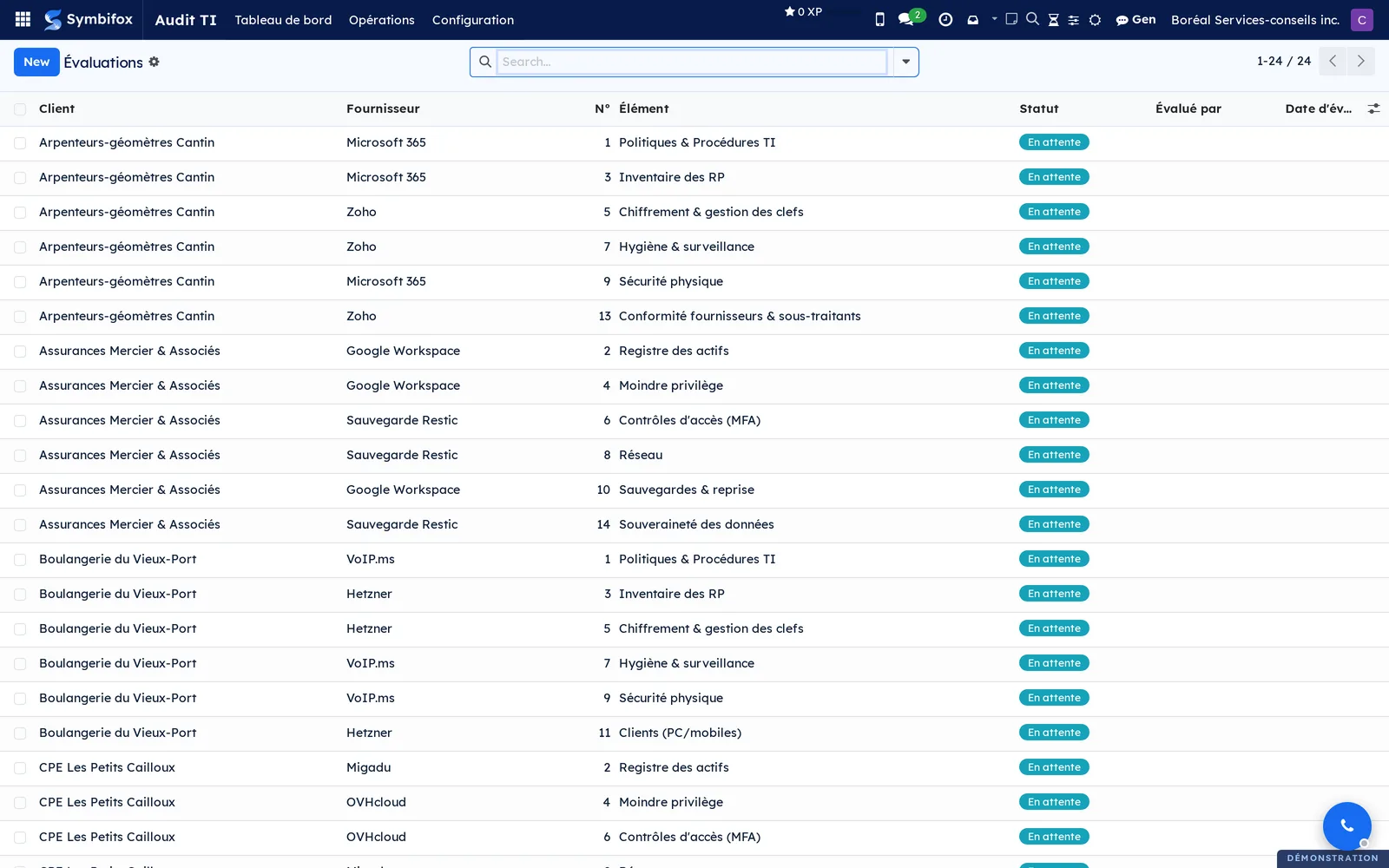 List of assessments: client, supplier, item number and name, status