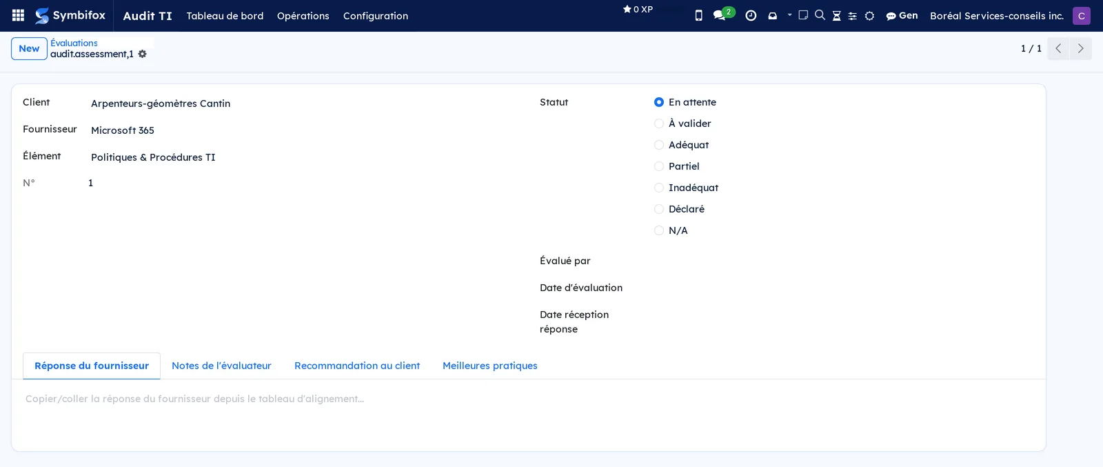 Assessment form: client, supplier, item, statuses and four tabs