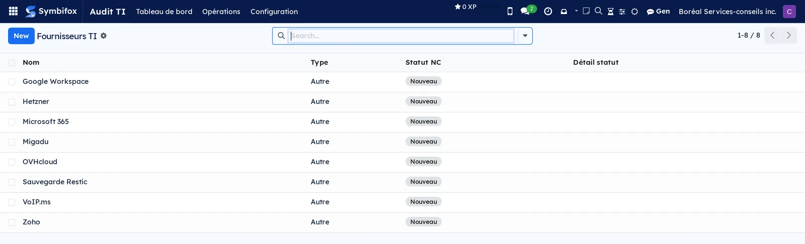 List of IT suppliers with their type and compliance status