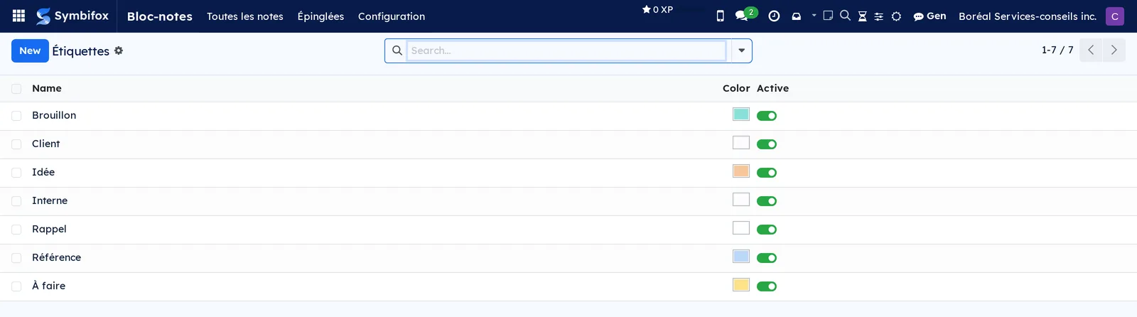 List of the demo's seven note tags, with the Name, Color and Active columns
