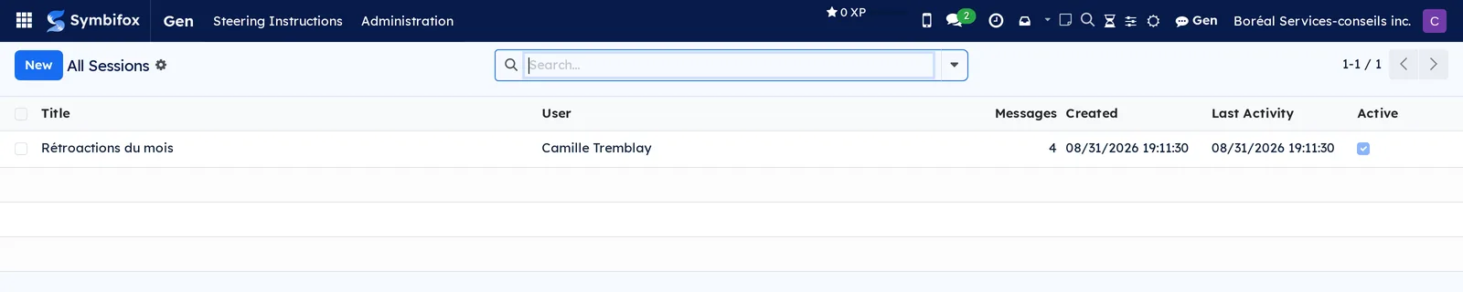 List of all sessions in the administration, with the title, the user, the number of messages and the dates