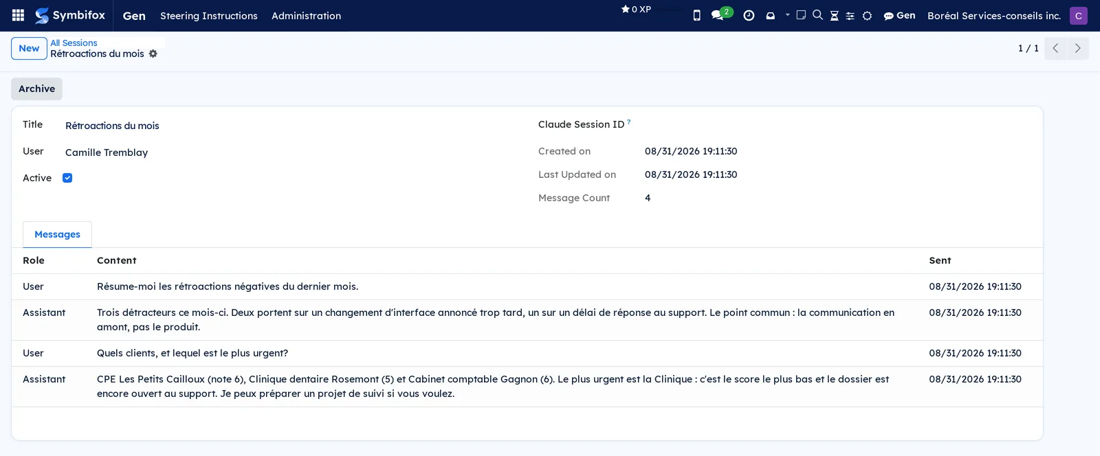 Conversation form in the administration, with its four messages in the Messages tab