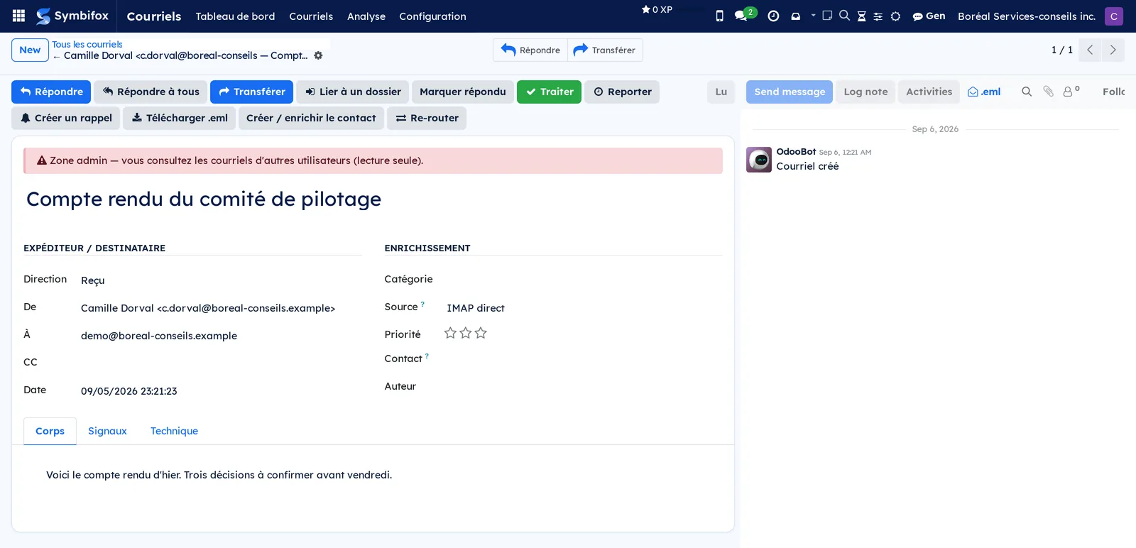 Email form: Répondre, Transférer, Lier à un dossier and Traiter buttons, with the Corps, Signaux and Technique tabs
