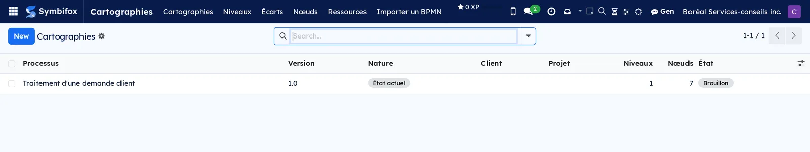 List of the demo's process maps, with process, version, client, project and status