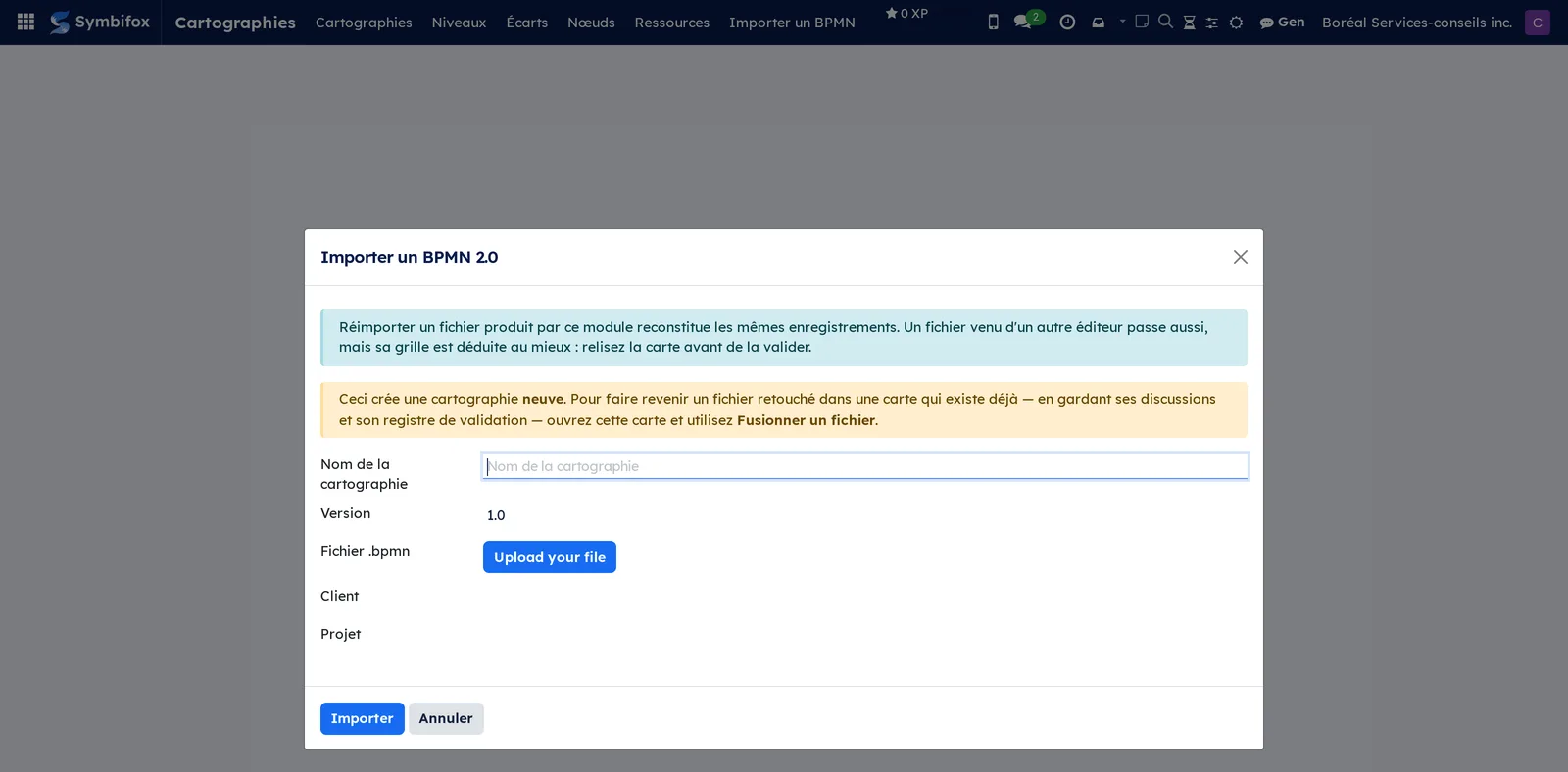 Import dialog for a BPMN 2.0 file, with the name, the version, the file and the client