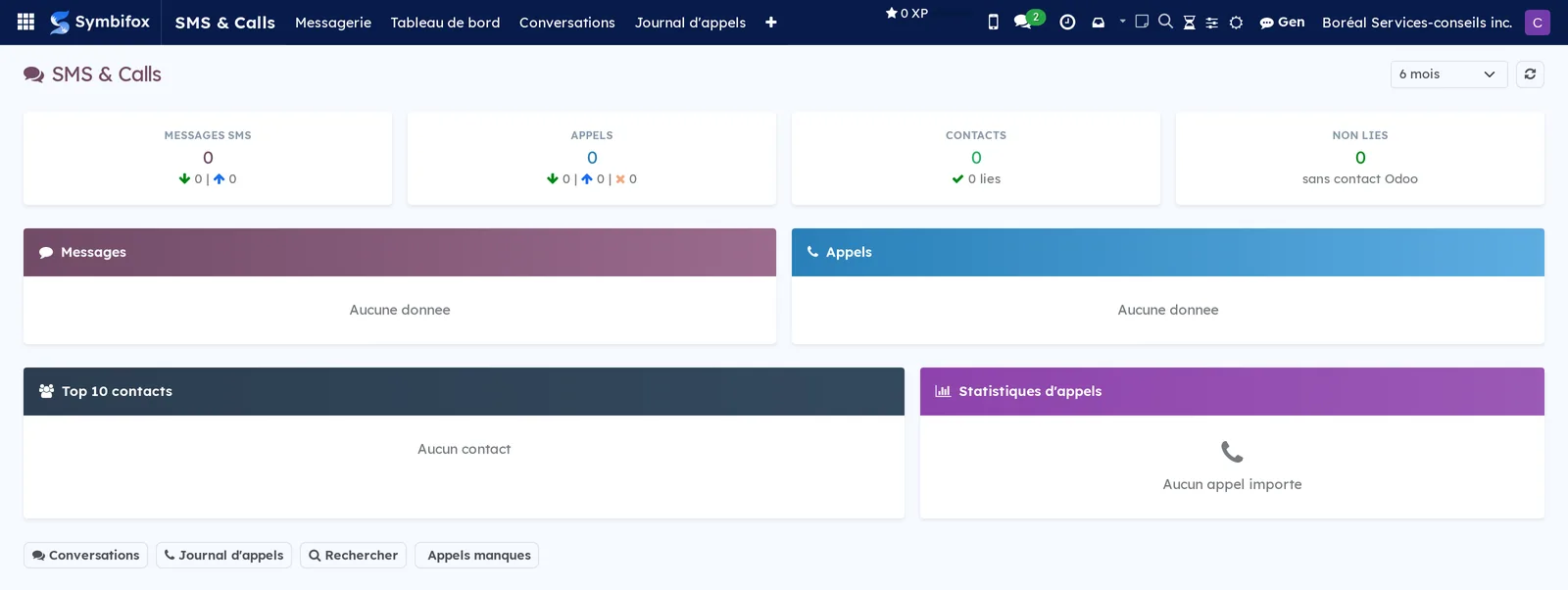 Boréal's SMS & Calls dashboard, four counter cards, monthly volumes, top ten contacts and call statistics