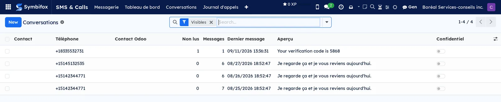 List of Boréal's four conversations with the Contact, Téléphone, Non lus, Messages, Dernier message, Aperçu and Confidentiel columns