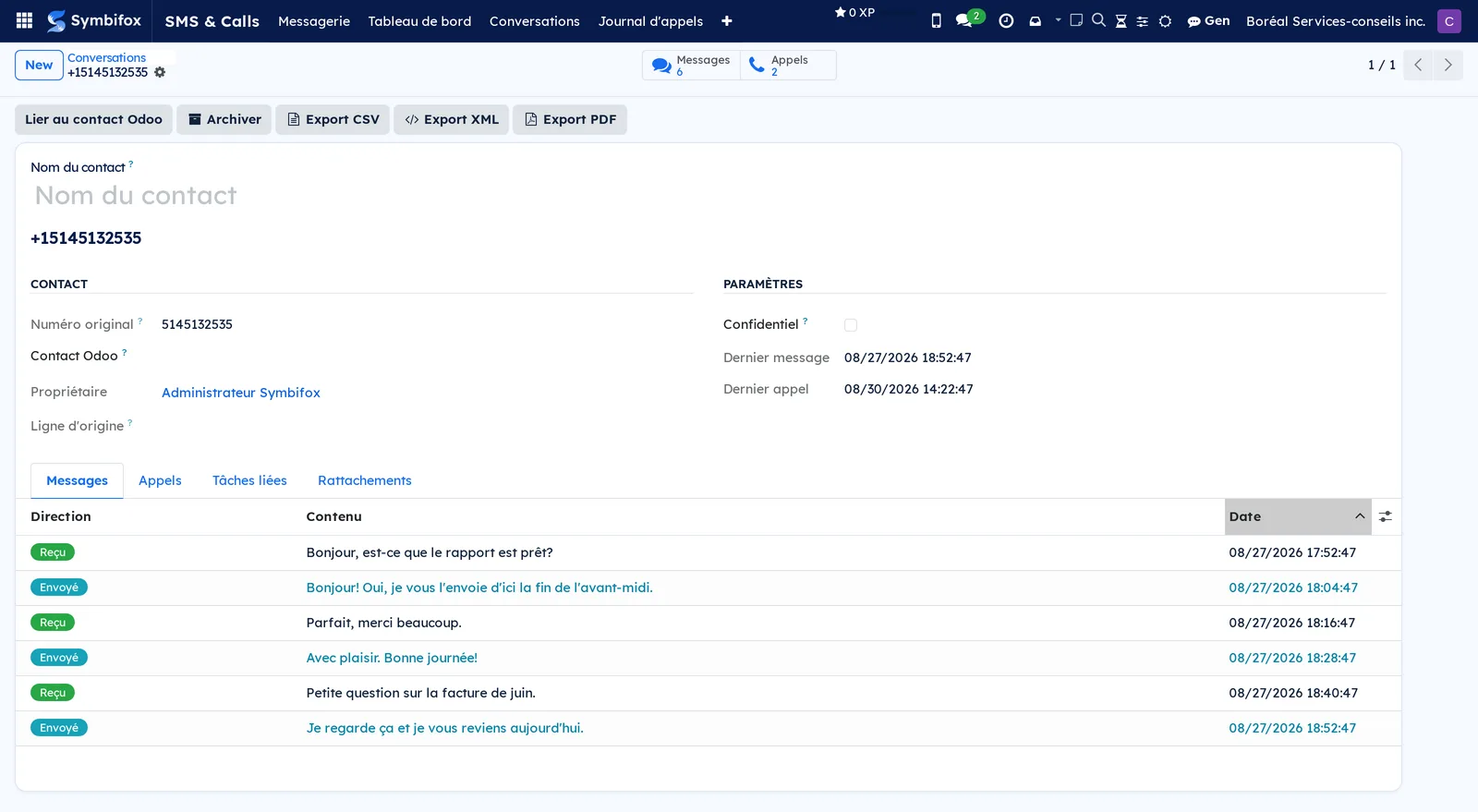 Boréal conversation form: six received and sent messages, Lier au contact Odoo, Archiver and export buttons, Messages, Appels and Tâches liées tabs
