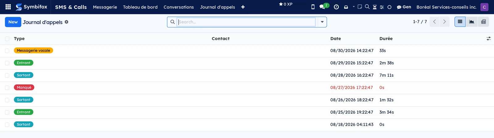 Boréal's call log, seven calls with coloured type badges, date and duration, and the list, graph and pivot view switches