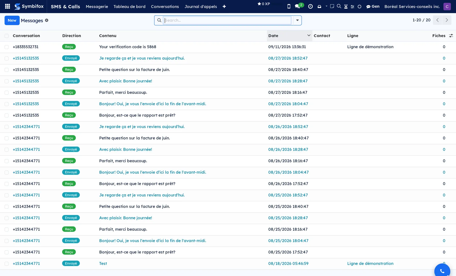 List of Boréal's twenty messages with the conversation, direction, content, date, line and number of target records