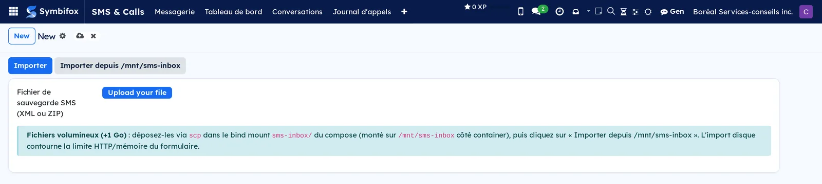 Boréal's import dialog, with the backup file field and a second import button that reads from a server folder