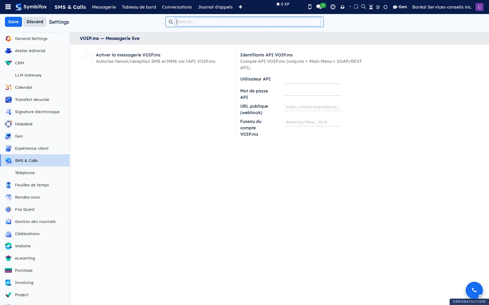 Boréal's Settings page, VOIP.ms section, with the checkbox that turns on messaging and the service account credentials