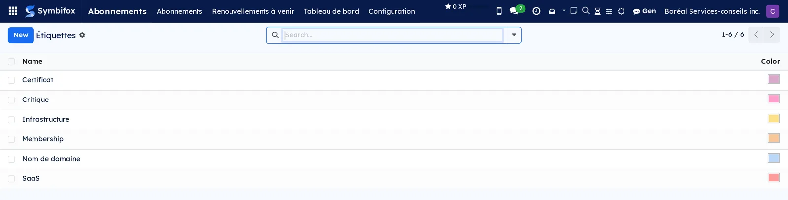 List of Boréal's six subscription tags, each with its colour