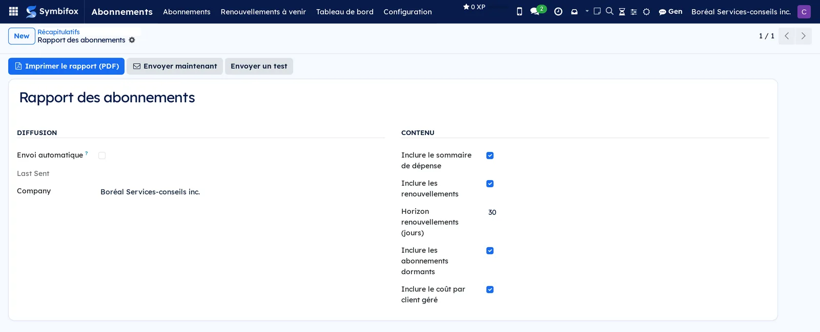 Configuration of Boréal's subscription report, with automatic sending cleared and the four sections to include