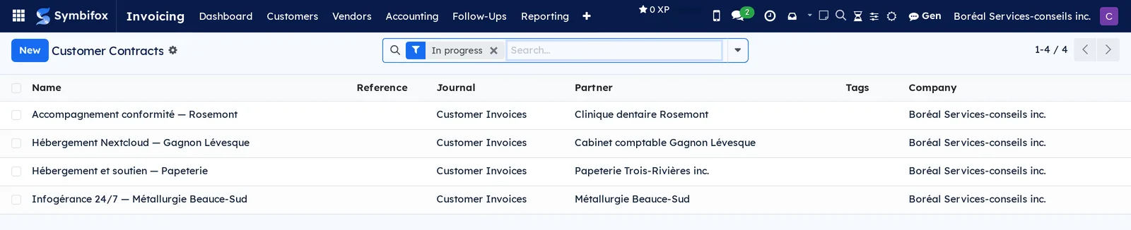 List of customer contracts on the Boréal demo, with the contract name, the journal and the partner