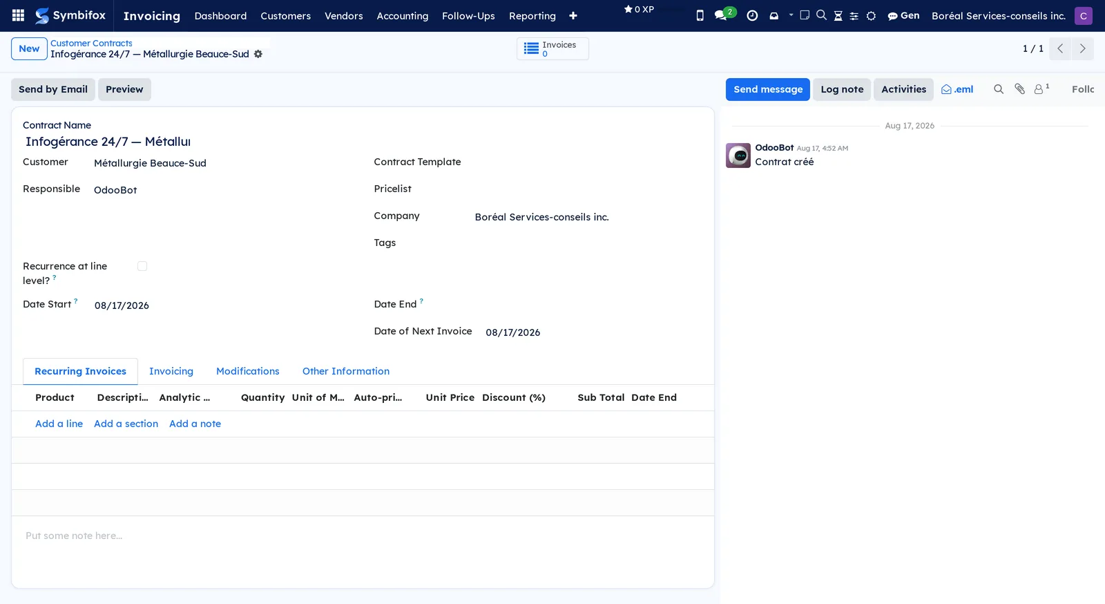 Customer contract form on the Boréal demo, with the customer, the journal, the dates and the Recurring Invoices tab