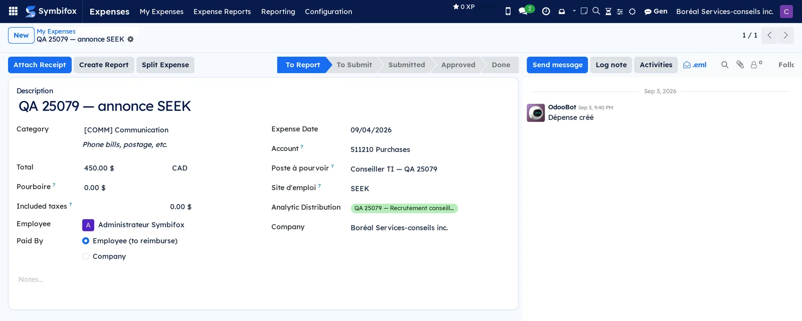 Expense form: action buttons at the top, status bar from To Report to Done, fields in the centre and chatter at the right