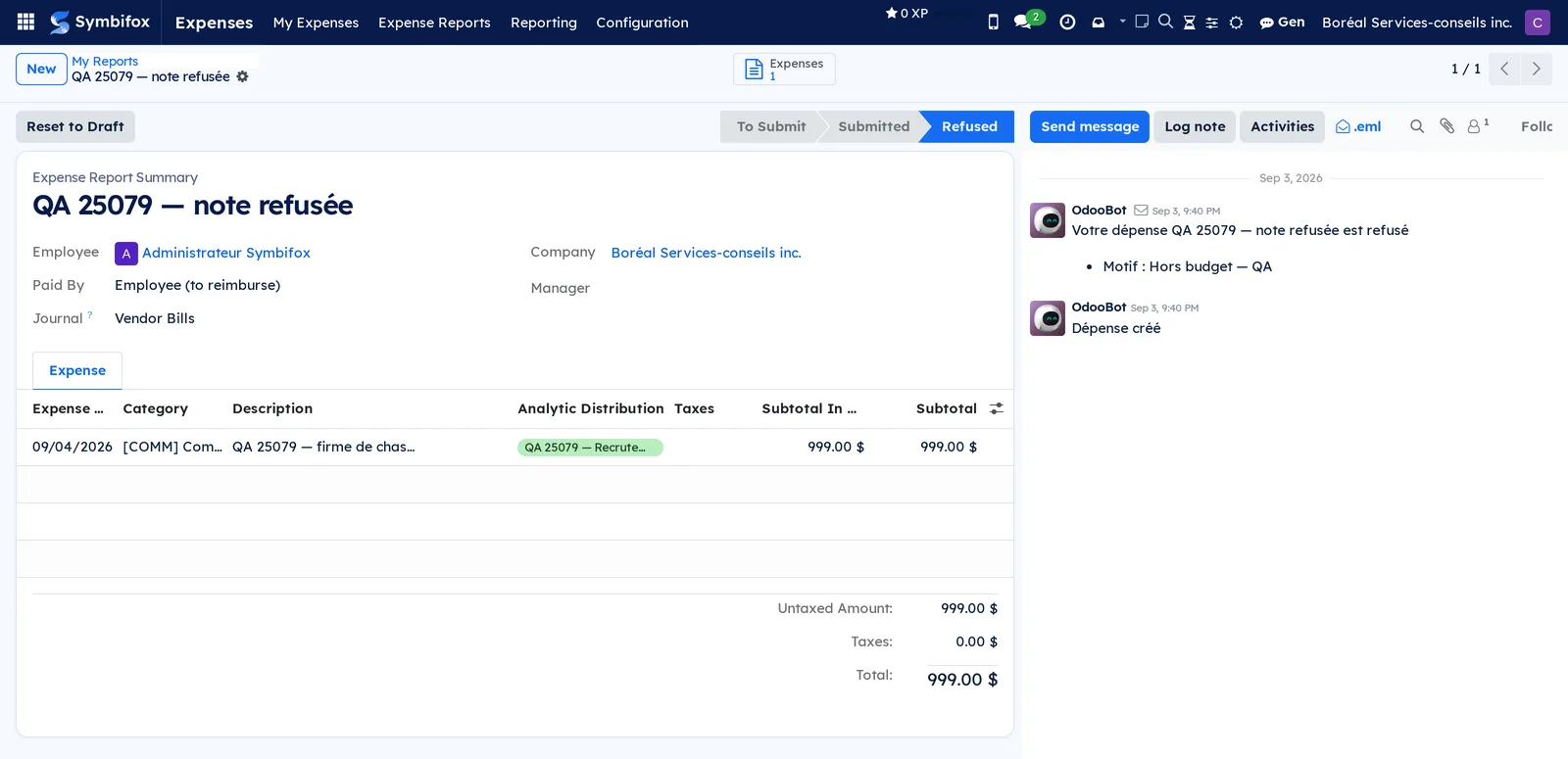 Refused expense report on the Boréal demo, with the refusal reason in the chatter and the Reset to Draft button