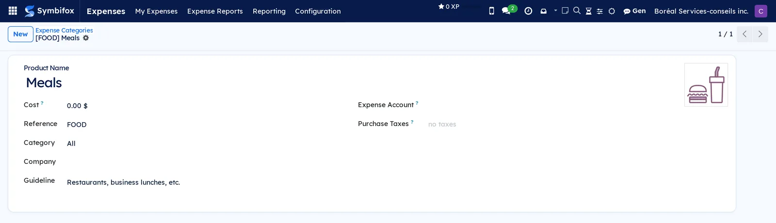 Meals category record on the Boréal demo: cost at zero, FOOD reference, expense account, purchase taxes and guideline