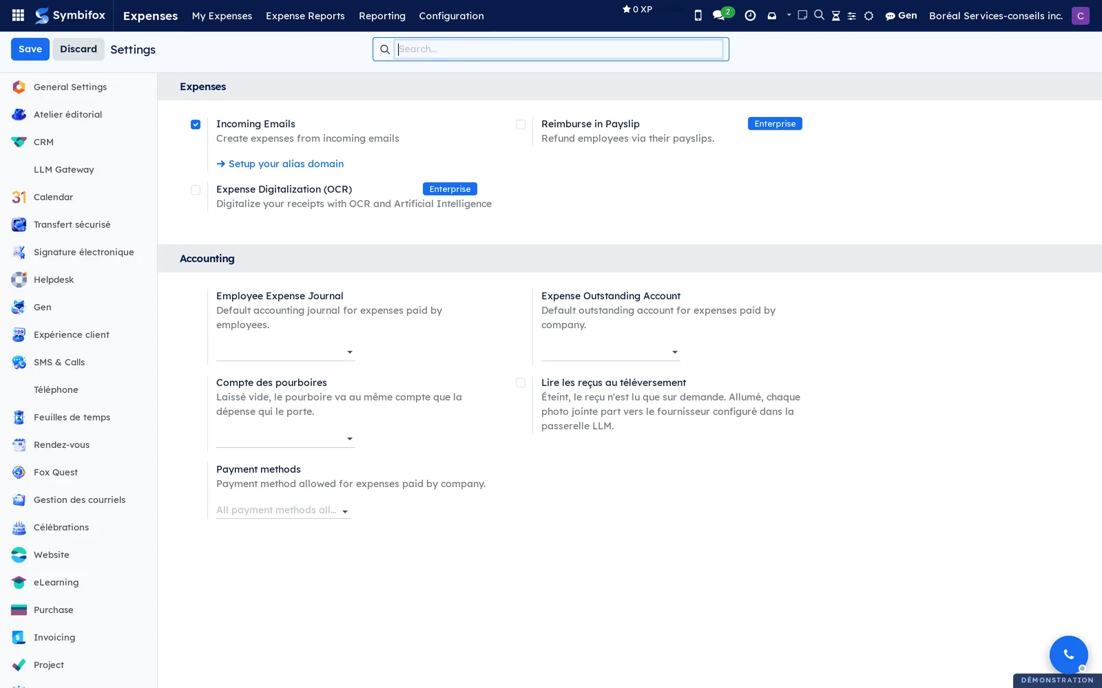 Expenses settings on the Boréal demo: Incoming Emails checked, accounting journal and accounts, tip account and receipt reading on upload