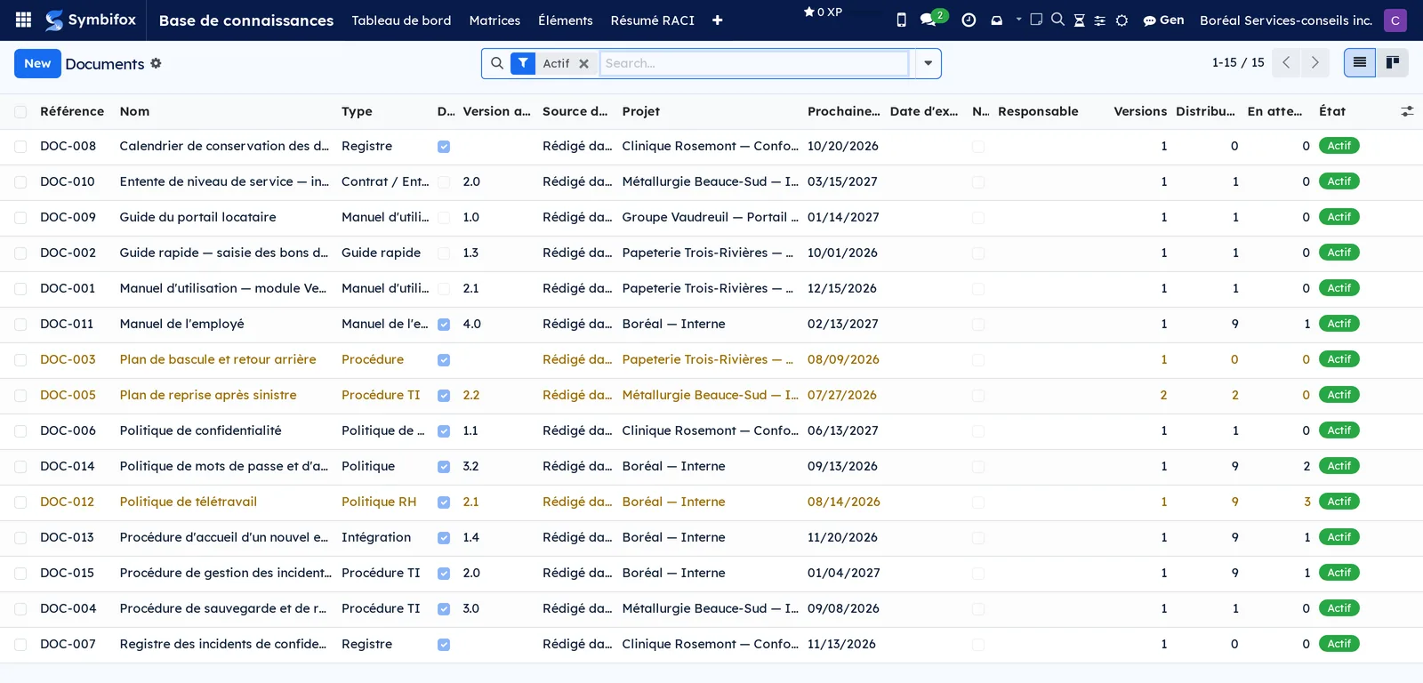 List of documents with reference, type, version, project, next review and state