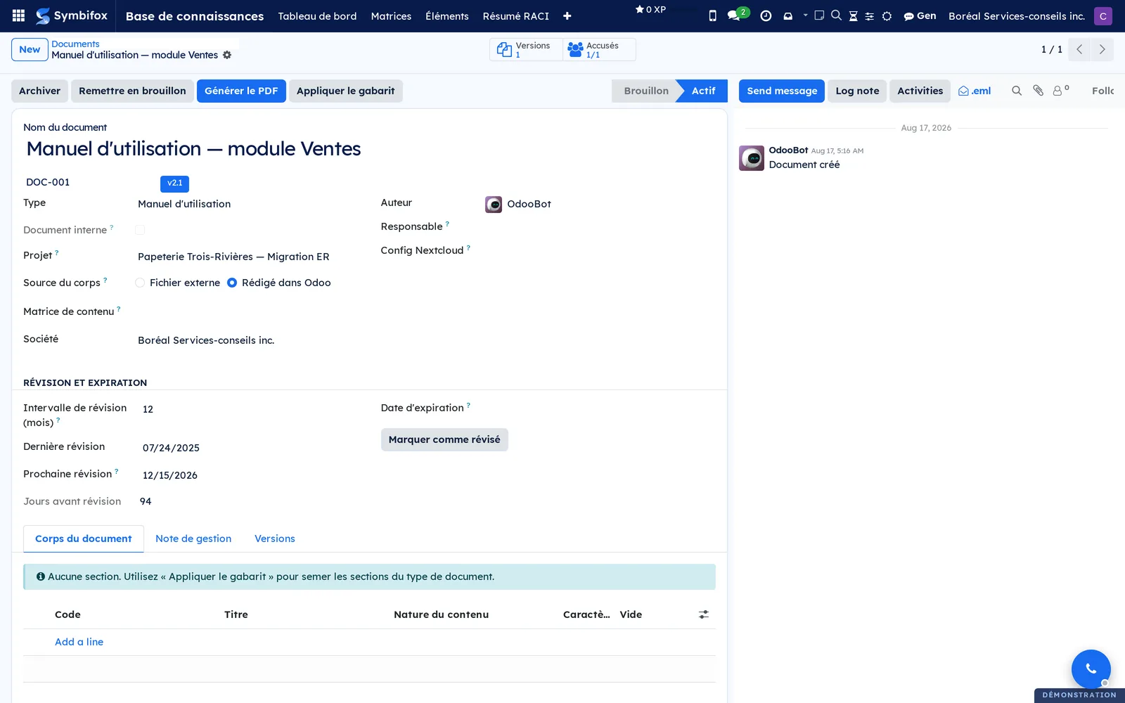 Document record, with its reference, its version, its review schedule and its document body