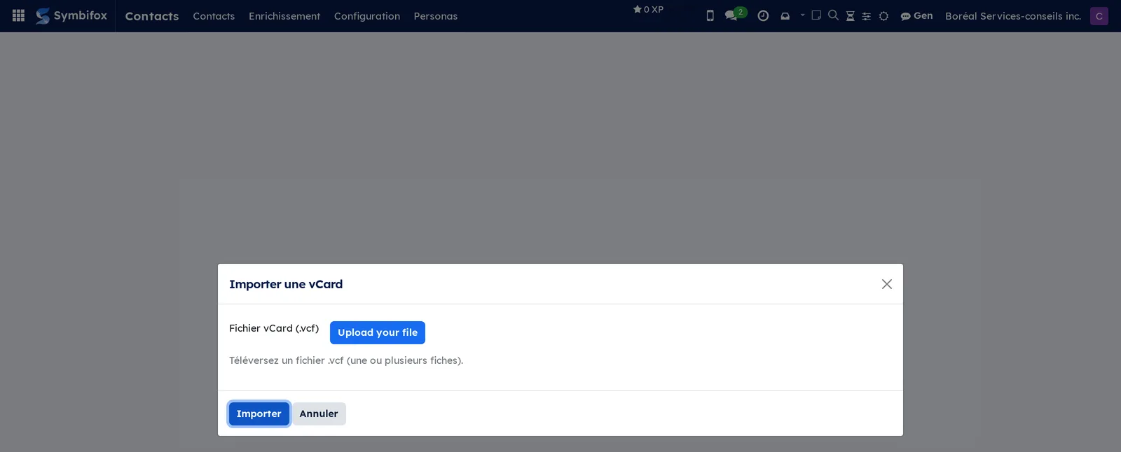 Importer une vCard dialog: Upload your file for a .vcf file, and the Importer and Annuler buttons