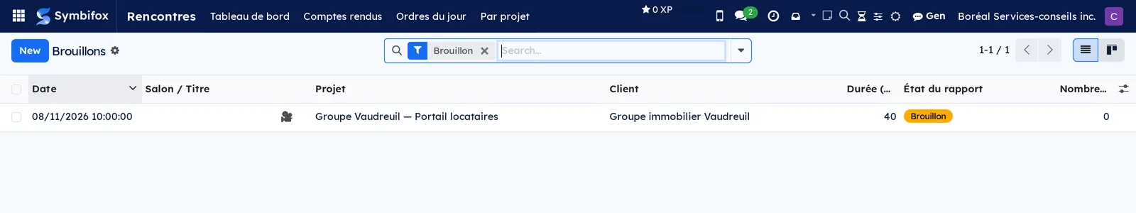 List of draft meeting reports, with the date, project, client, duration and state